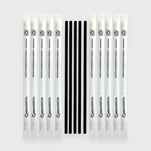 Plastic straw Frappe, Economy, 200x5mm straight, 10 uses, 1/1 in paper, black