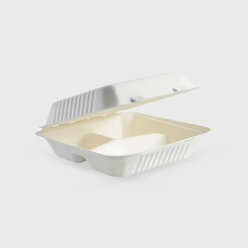 Sugarcane container with integrated lid, clamshell 200x200x80mm, 3 compartments, white