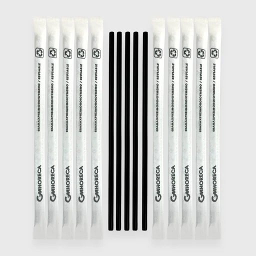 Plastic straw Jumbo, Economy, 220x7mm straight, 10 uses, 1/1 in paper, black