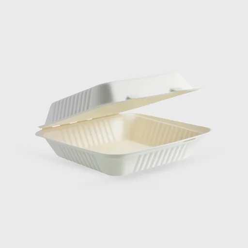Sugarcane container with integrated lid, clamshell 200x200x80mm, 1 compartment, white