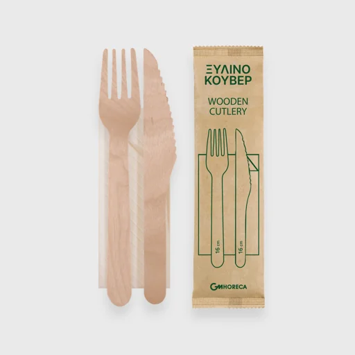 Ξύλινο κουβέρ, 16cm πιρούνι/μαχαίρι και χαρτοπετσέτα, 1/1 συσκευασμένο σε χαρτί