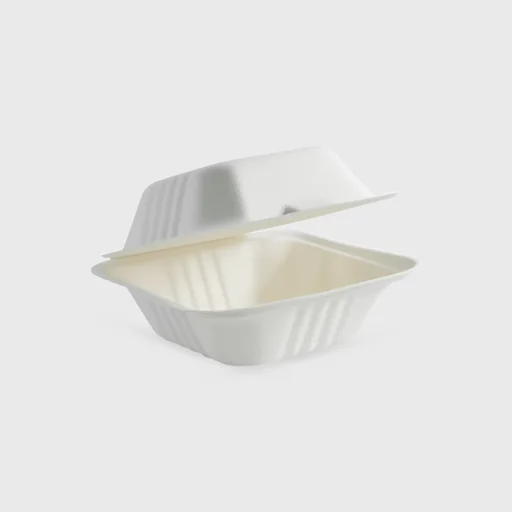 Sugarcane container with integrated lid, for burger, clamshell 160x160x80mm, white