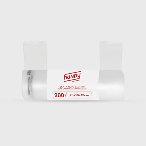 Plastic carry bag on roll, HDPE T-Shirt, 43cm, 200 pcs/roll, transparent