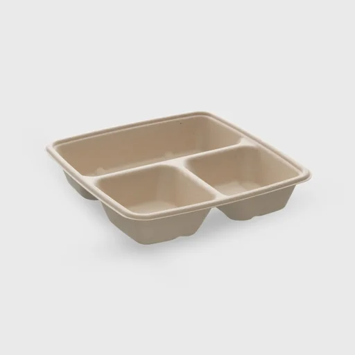 Σκεύος ζαχαροκάλαμου, τετράγωνο 900ml, 230x230x40mm, 3 θέσεων, μπεζ