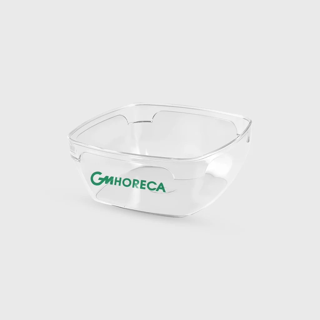 [GMEK-02199] Τυπωμένο μπωλ ζαχαροπλαστείου πλαστικό, τετράγωνο 300 ml, PS Premium επαν/μενο, διάφανο