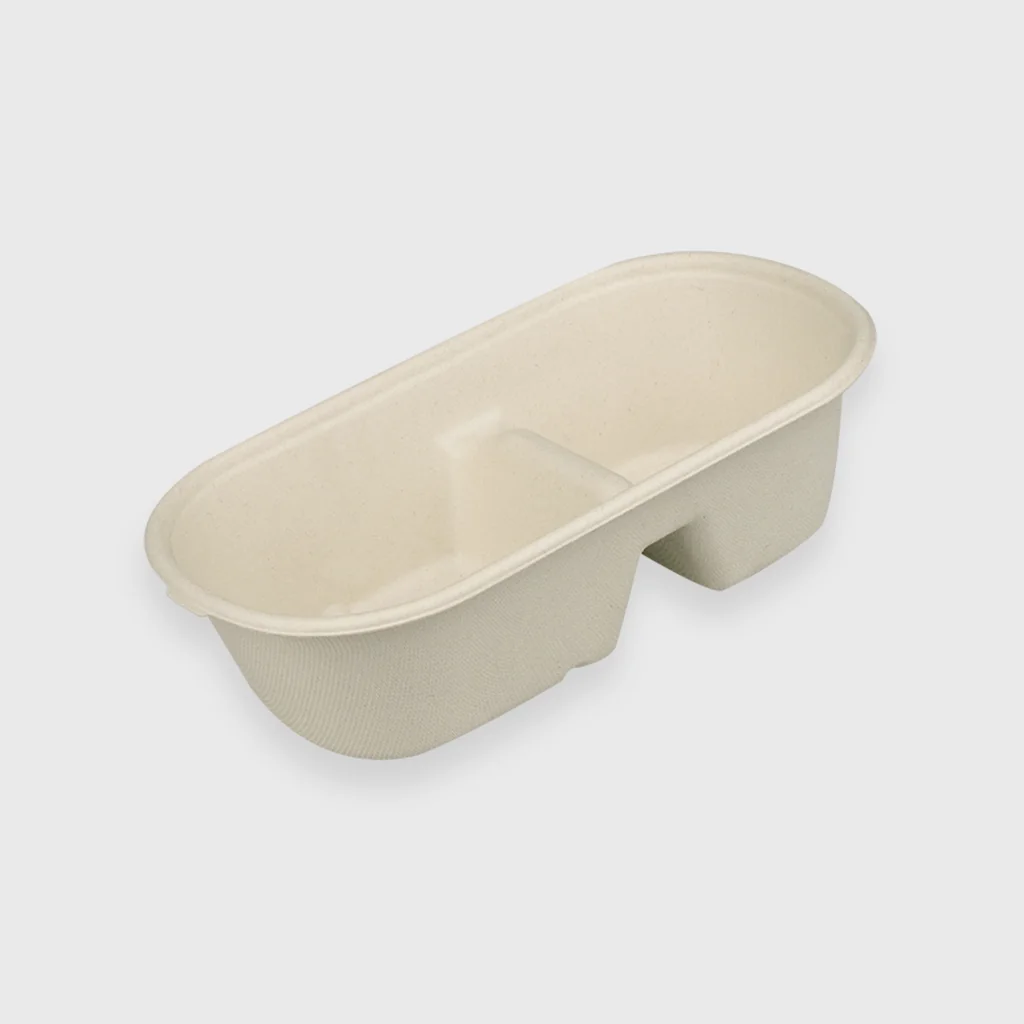 [GMH-24515] Sugarcane Microwave container, rectangular oval 1000ml, 2 compartments, beige