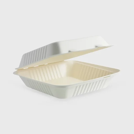 Sugarcane container with integrated lid, clamshell 230x230x80mm, 1 compartment, white